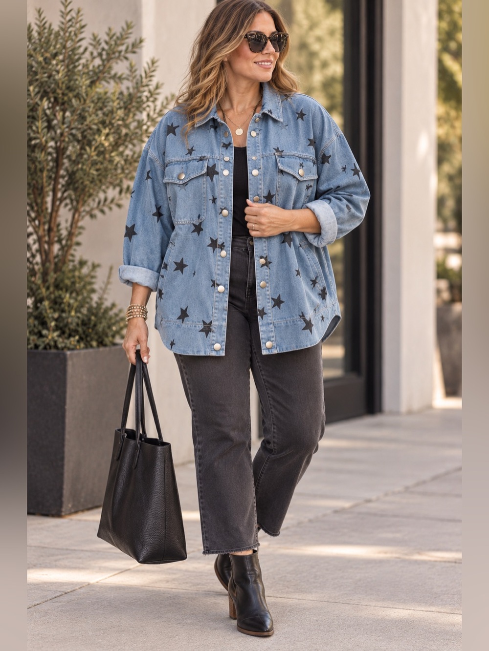Sewn + Seen Star Print Denim Shacket Plus L Blue Black Snap Front Jacket